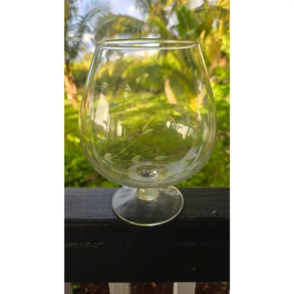 Vintage Princess House Large Snifter Glass Etched Leaf Vine Pattern Decorative